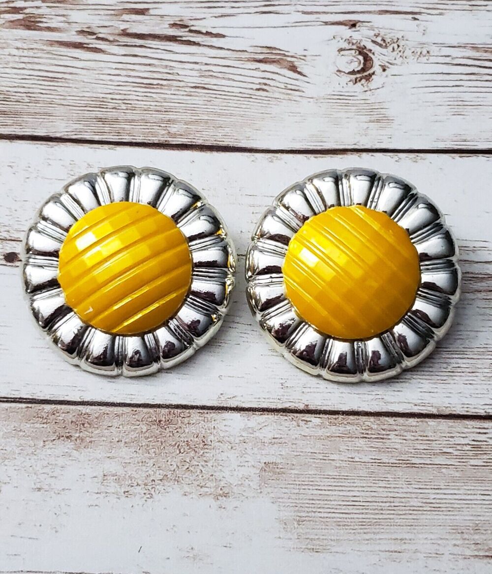 Vintage Clip On Earrings Large Statement 1.75" Unusual Yellow With Halo